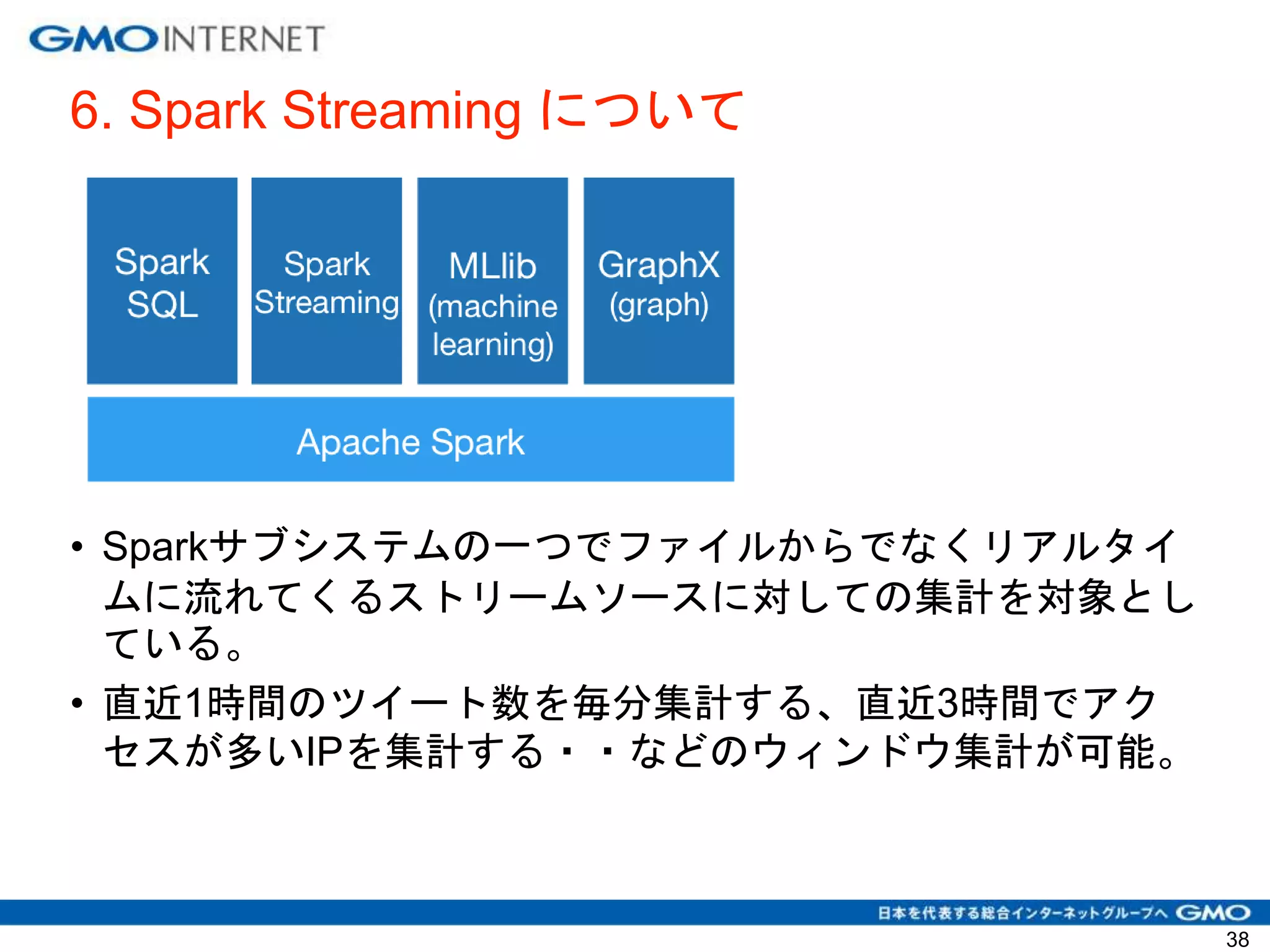 6. Spark Streaming について
• Sparkサブシステムの一つでファイルからでなくリアルタイ
ムに流れてくるストリームソースに対しての集計を対象とし
ている。
• 直近1時間のツイート数を毎分集計する、直近3時間でアク
セスが多いIPを集計する・・などのウィンドウ集計が可能。
38
 