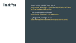 Thank You Spark Code is available in my github:
https://github.com/vgiri2015/Spark2.0-and-greater/tree/master
/src/main/scala/structStreaming
Other Spark related repositories:
https://github.com/vgiri2015/spark-latest-v1
My blogs and Learning in Spark:
https://hadoopist.wordpress.com/category/apache-spark/
 