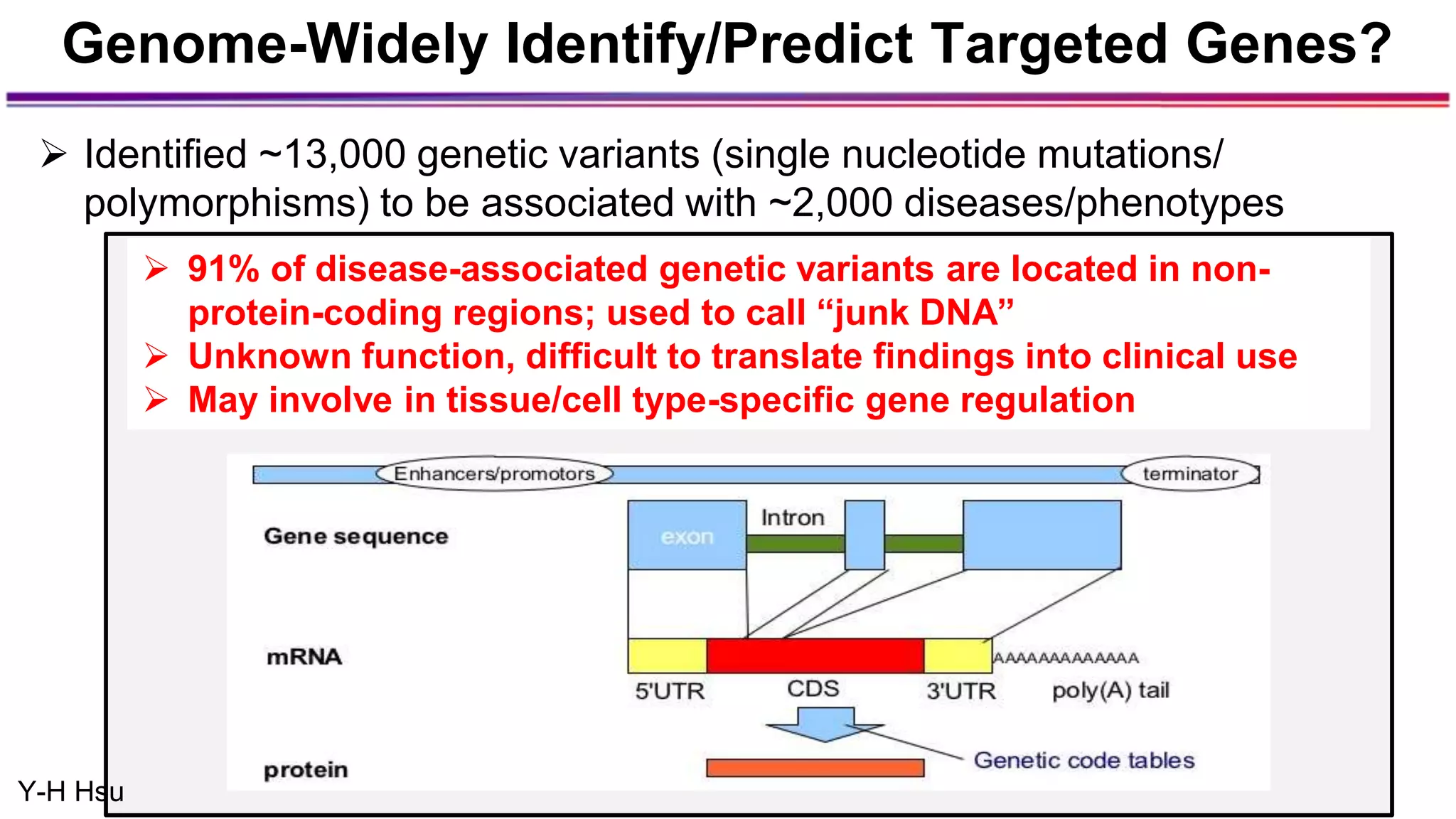 Genome-Widely Identify/Predict Targeted Genes?
 Identified ~13,000 genetic variants (single nucleotide mutations/
polymorphisms) to be associated with ~2,000 diseases/phenotypes
 91% of disease-associated genetic variants are located in non-
protein-coding regions; used to call “junk DNA”
 Unknown function, difficult to translate findings into clinical use
 May involve in tissue/cell type-specific gene regulation
Y-H Hsu
 