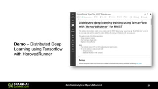 Demo – Distributed Deep
Learning using Tensorflow
with HorovodRunner
21#UnifiedAnalytics #SparkAISummit
 