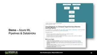 Demo – Azure ML
Pipelines & Databricks
30#UnifiedAnalytics #SparkAISummit
 