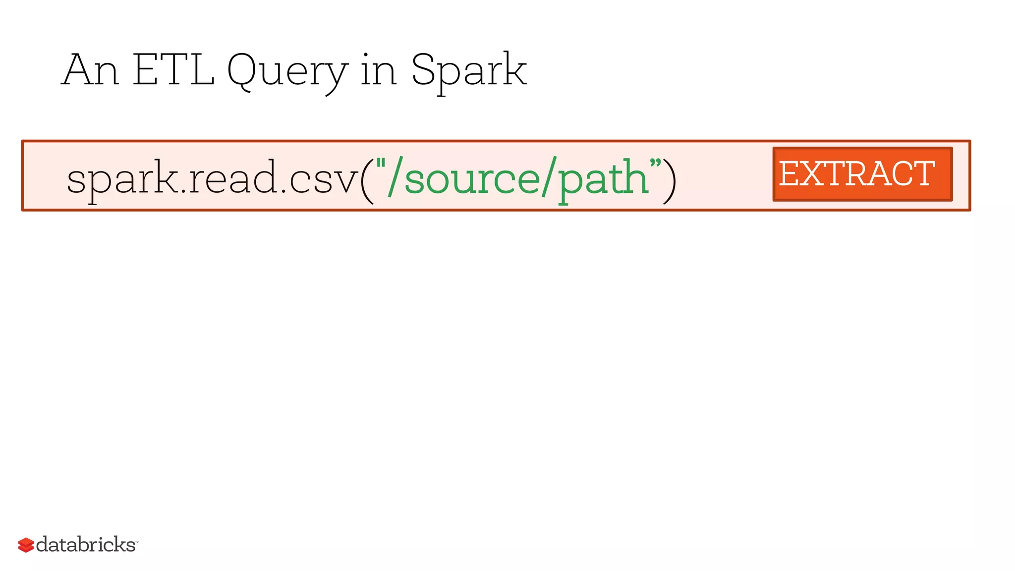 An ETL Query in Spark
Extractspark.read.csv("/source/path”) EXTRACT
 