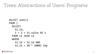 12
Trees: Abstractions of Users’ Programs
SELECT sum(v)
FROM (
SELECT
t1.id,
1 + 2 + t1.value AS v
FROM t1 JOIN t2
WHERE
t1.id = t2.id AND
t2.id > 50 * 1000) tmp
 