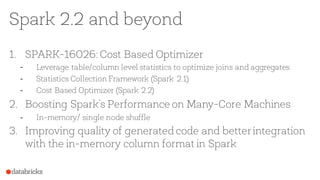 Spark 2.2 and beyond
1. SPARK-16026: Cost Based Optimizer
- Leverage table/column level statistics to optimize joins and aggregates
- Statistics Collection Framework (Spark 2.1)
- Cost Based Optimizer (Spark 2.2)
2. Boosting Spark’s Performance on Many-Core Machines
- In-memory/ single node shuffle
3. Improving quality of generated code and betterintegration
with the in-memory column format in Spark
 