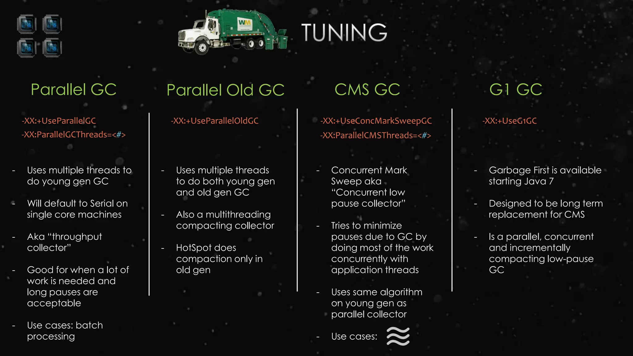 Parallel Old GC CMS GC G1 GC
-XX:+UseParallelOldGC -XX:+UseConcMarkSweepGC -XX:+UseG1GC
- Uses multiple threads
to do both young gen
and old gen GC
- Also a multithreading
compacting collector
- HotSpot does
compaction only in
old gen
Parallel GC
-XX:+UseParallelGC
- Uses multiple threads to
do young gen GC
- Will default to Serial on
single core machines
- Aka “throughput
collector”
- Good for when a lot of
work is needed and
long pauses are
acceptable
- Use cases: batch
processing
-XX:ParallelGCThreads=<#> -XX:ParallelCMSThreads=<#>
- Concurrent Mark
Sweep aka
“Concurrent low
pause collector”
- Tries to minimize
pauses due to GC by
doing most of the work
concurrently with
application threads
- Uses same algorithm
on young gen as
parallel collector
- Use cases:
- Garbage First is available
starting Java 7
- Designed to be long term
replacement for CMS
- Is a parallel, concurrent
and incrementally
compacting low-pause
GC
 