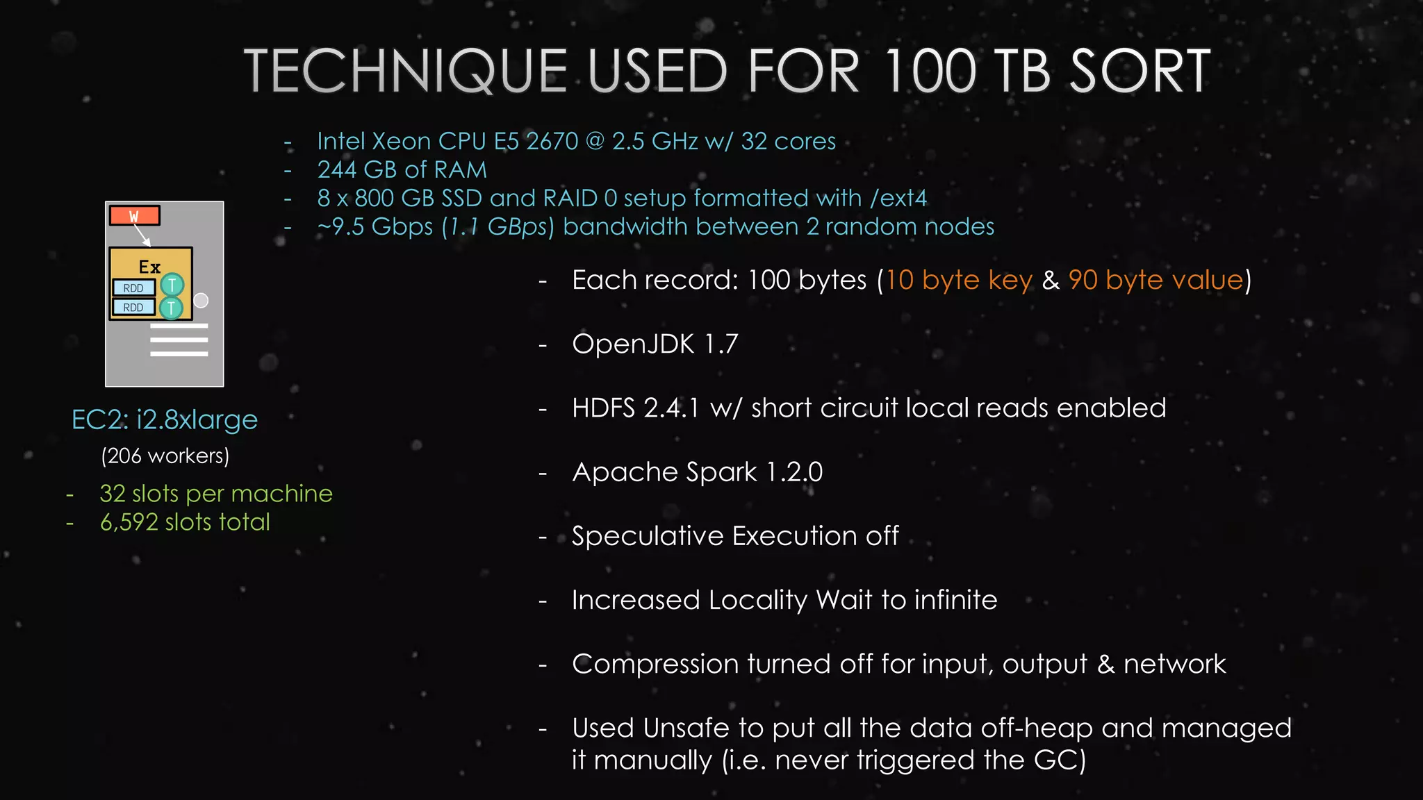 Ex
RDD
W
RDD
T
T
EC2: i2.8xlarge
(206 workers)
- Intel Xeon CPU E5 2670 @ 2.5 GHz w/ 32 cores
- 244 GB of RAM
- 8 x 800 GB SSD and RAID 0 setup formatted with /ext4
- ~9.5 Gbps (1.1 GBps) bandwidth between 2 random nodes
- Each record: 100 bytes (10 byte key & 90 byte value)
- OpenJDK 1.7
- HDFS 2.4.1 w/ short circuit local reads enabled
- Apache Spark 1.2.0
- Speculative Execution off
- Increased Locality Wait to infinite
- Compression turned off for input, output & network
- Used Unsafe to put all the data off-heap and managed
it manually (i.e. never triggered the GC)
- 32 slots per machine
- 6,592 slots total
 