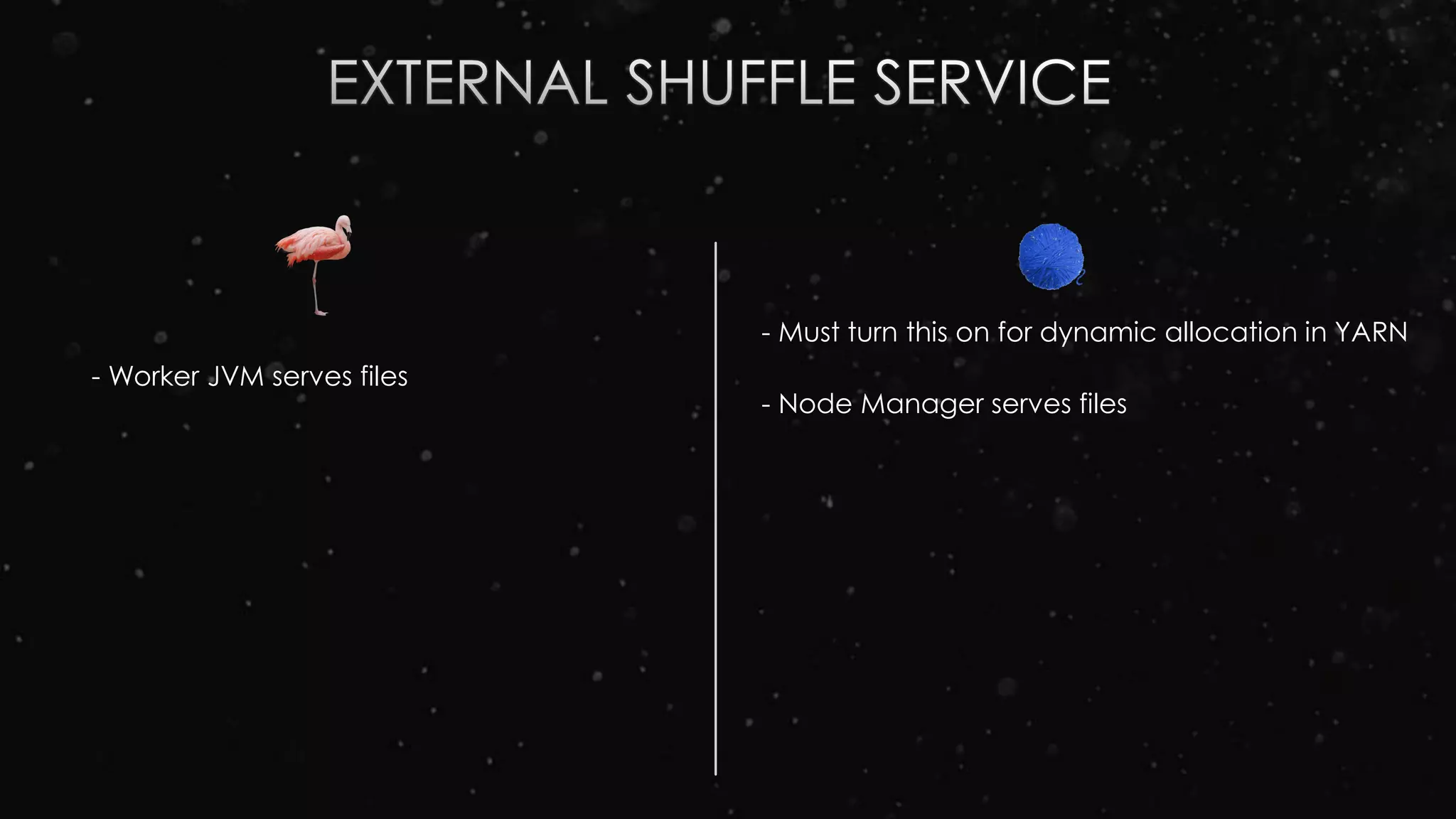 - Must turn this on for dynamic allocation in YARN
- Worker JVM serves files
- Node Manager serves files
 