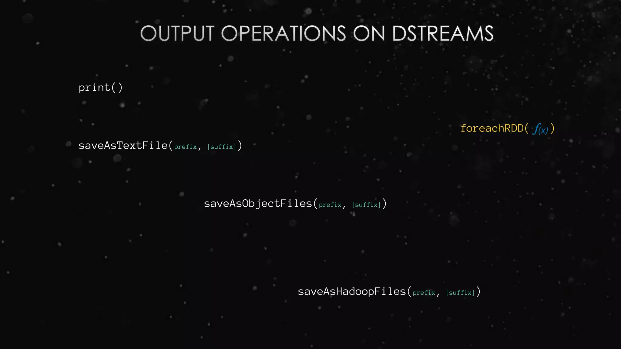 print()
saveAsTextFile(prefix, [suffix])
foreachRDD( )
saveAsObjectFiles(prefix, [suffix])
saveAsHadoopFiles(prefix, [suffix])
 