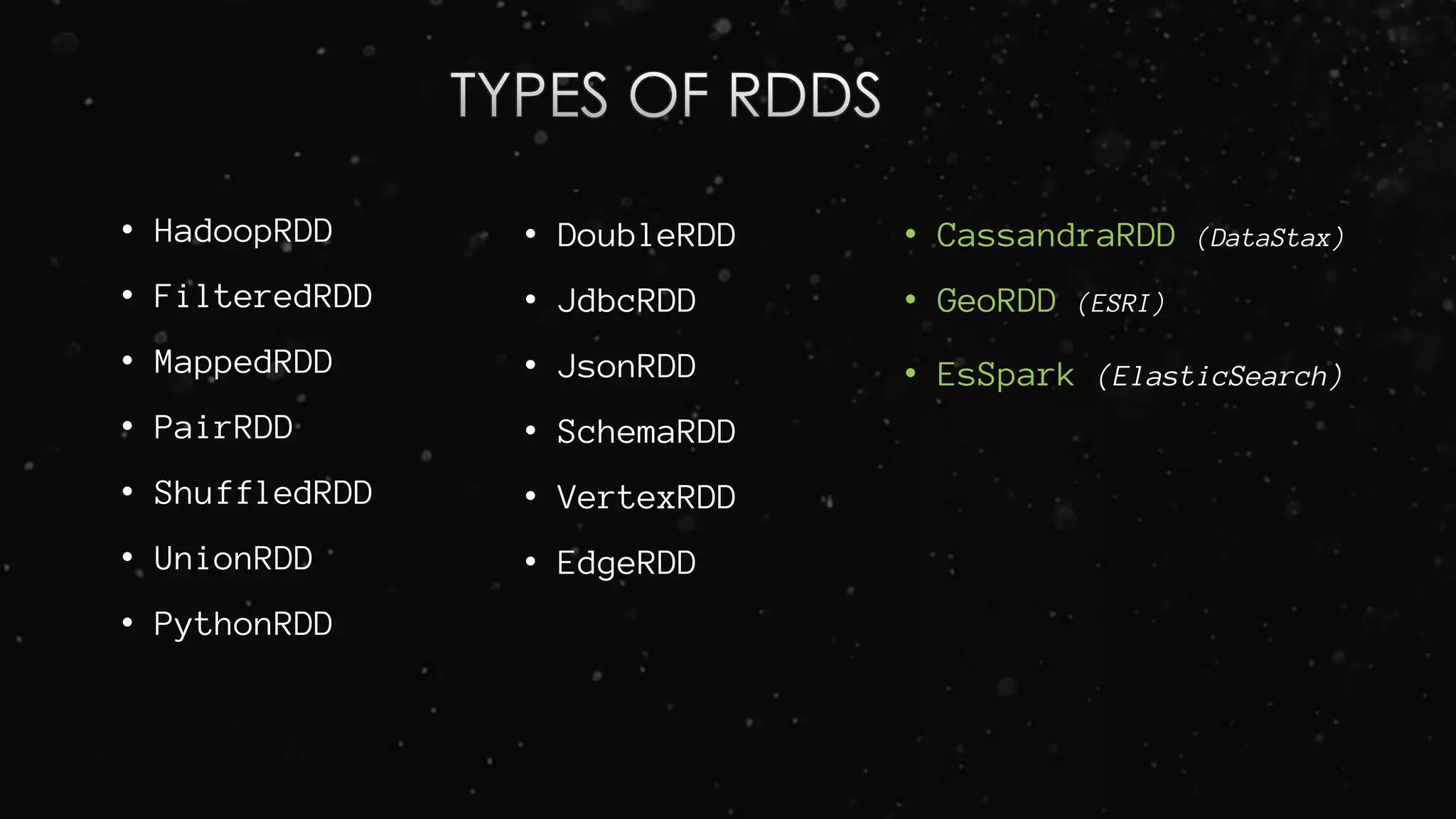 • HadoopRDD
• FilteredRDD
• MappedRDD
• PairRDD
• ShuffledRDD
• UnionRDD
• PythonRDD
• DoubleRDD
• JdbcRDD
• JsonRDD
• SchemaRDD
• VertexRDD
• EdgeRDD
• CassandraRDD (DataStax)
• GeoRDD (ESRI)
• EsSpark (ElasticSearch)
 