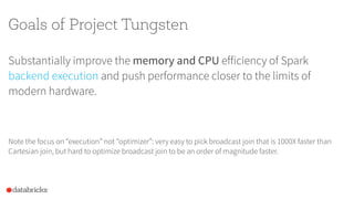 Goals of Project Tungsten
Substantially improve the memory and CPU efficiency of Spark
backend execution and push performance closer to the limits of
modern hardware.
Note the focus on “execution” not “optimizer”: very easy to pick broadcast join that is 1000X faster than
Cartesian join, but hard to optimize broadcast join to be an order of magnitude faster.
 