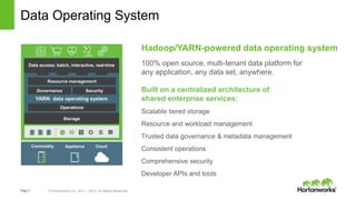 Page3 © Hortonworks Inc. 2011 – 2015. All Rights Reserved
Data Operating System
YARN: data operating system
Governance Security
Operations
Resource management
Data access: batch, interactive, real-time
Storage
Commodity Appliance Cloud
Built on a centralized architecture of
shared enterprise services:
Scalable tiered storage
Resource and workload management
Trusted data governance & metadata management
Consistent operations
Comprehensive security
Developer APIs and tools
Hadoop/YARN-powered data operating system
100% open source, multi-tenant data platform for
any application, any data set, anywhere.
 