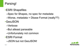 Page7
Parsing!
•ESRI Shapefiles
–Spec for Shapes, no spec for metadata
–Worse, metadata = Dbase Format (really??)
•GeoJSON
–Verbose
–But atleast parseable
–Unfortunately not common
•ESRI Format
–JSON but not GeoJSON!
 