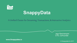 SnappyData
A Unified Cluster for Streaming, Transactions,& Interactive Analytics
© Snappydata Inc 2017
www.Snappydata.io
Jags Ramnarayan
CTO, CoFounder
 
