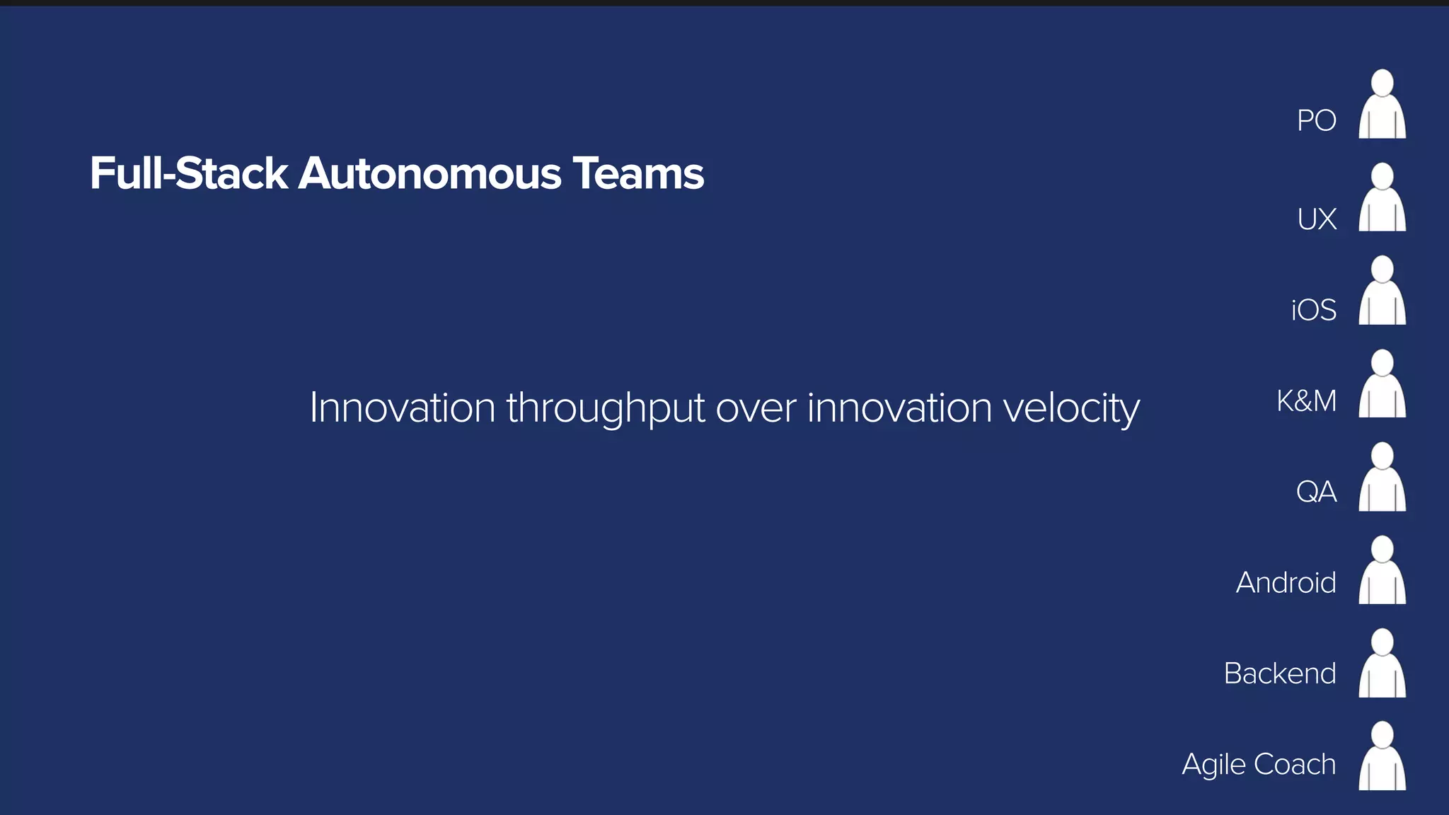 Full-Stack Autonomous Teams
PO
UX
iOS
Android
K&M
QA
Backend
Agile Coach
Innovation throughput over innovation velocity
 