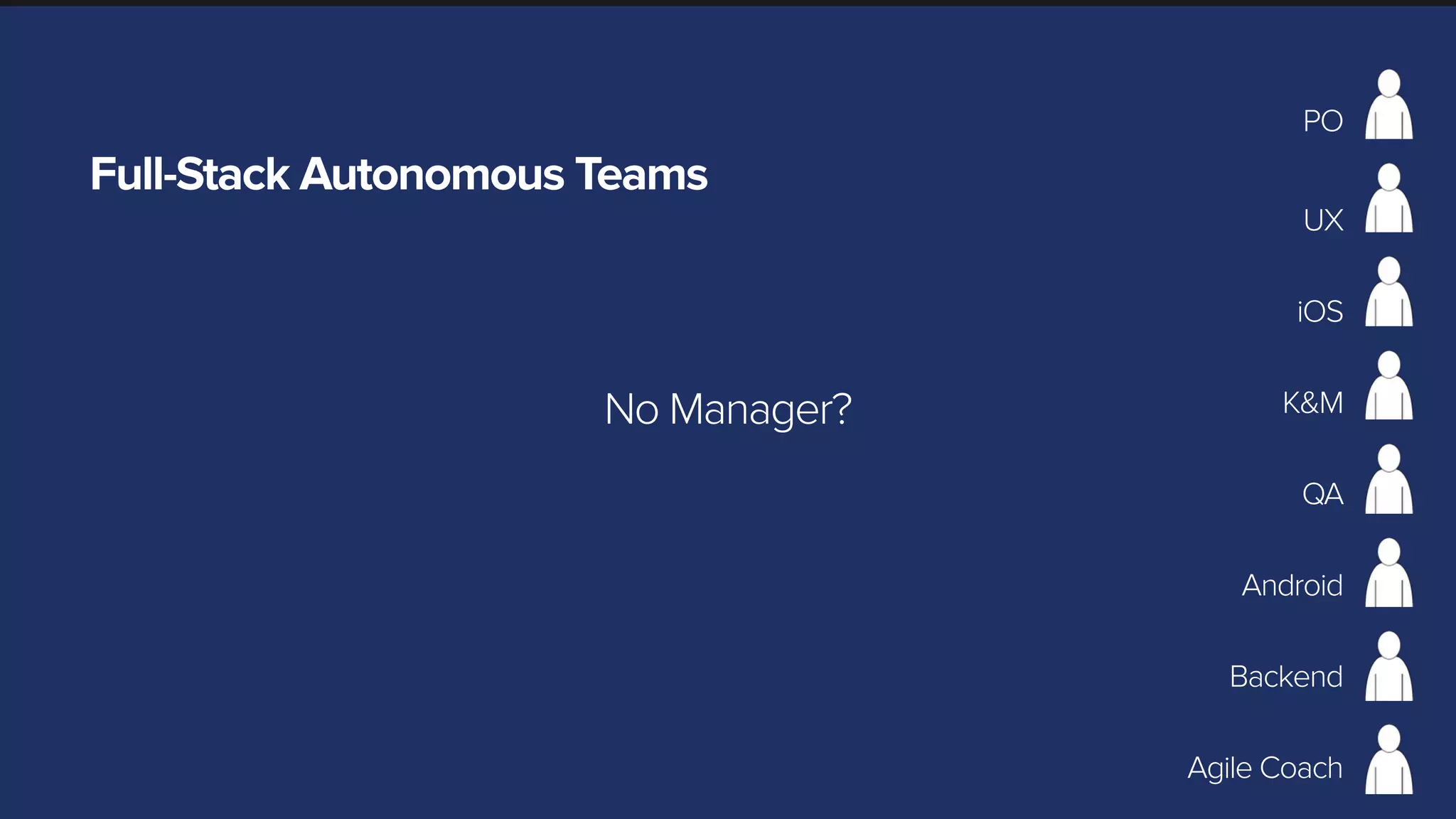Full-Stack Autonomous Teams
PO
UX
iOS
Android
K&M
QA
Backend
Agile Coach
No Manager?
 