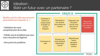 Idéation :
Bâtir un futur avec un partenaire ?
Quelles sont les idées que peuvent
potentiellement répondre à…?
- Validation de votre
compréhension de la cible
- Valider que le problème que vous
visez résoudre est légitime
- Une partie du problème
Contacter à
travers un
réseau social
et établir un
contact
fréquent
Demander à
une amie de
nous mettre en
contact
Organiser une
rencontre
“casual” avec
des amis en
commun
Rencontre
“one-to-one”
pour mieux se
connaître
Construire un
café
Envoyer une
carte starbuck
(admirateur
secret)
Attendre que
l’autre
personne
établit le
contact
 