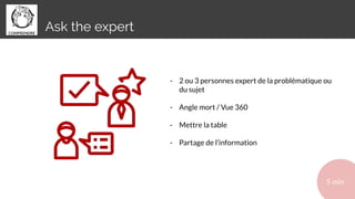 Ask the expert
- 2 ou 3 personnes expert de la problématique ou
du sujet
- Angle mort / Vue 360
- Mettre la table
- Partage de l’information
5 min
 