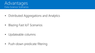 Advantages
Data Science Scenarios
• Distributed Aggregations and Analytics
• Blazing Fast IoT Scenarios
• Updateable columns
• Push-down predicate filtering
 