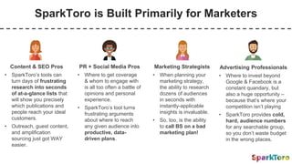 SparkToro is Built Primarily for Marketers
Content & SEO Pros
• SparkToro’s tools can
turn days of frustrating
research into seconds
of at-a-glance lists that
will show you precisely
which publications and
people reach your ideal
customers.
• Outreach, guest content,
and amplification
sourcing just got WAY
easier.
PR + Social Media Pros
• Where to get coverage
& whom to engage with
is all too often a battle of
opinions and personal
experience.
• SparkToro’s tool turns
frustrating arguments
about where to reach
any given audience into
productive, data-
driven plans.
Marketing Strategists
• When planning your
marketing strategy,
the ability to research
dozens of audiences
in seconds with
instantly-applicable
insights is invaluable.
• So, too, is the ability
to call BS on a bad
marketing plan!
Advertising Professionals
• Where to invest beyond
Google & Facebook is a
constant quandary, but
also a huge opportunity –
because that’s where your
competition isn’t playing
• SparkToro provides cold,
hard, audience numbers
for any searchable group,
so you don’t waste budget
in the wrong places.
 