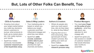 But, Lots of Other Folks Can Benefit, Too
CEOs & Founders
• Knowing more about
your target market before
you make key decisions
(which customers to
pursue, what products to
build, go-to-market plans,
etc.) can vastly improve
your results.
• SparkToro makes
previously inaccessible
customer research just
a few keystrokes away.
Sales & Mktg Leaders
• Your marketing plan is
based on where you
believe your target
customers (and their
influencers) engage and
what they care about.
• SparkToro adds
crucial, customer-
centric data to your
strategy, so you can
prioritize the right
channels and tactics.
Authors & Creators
• Where do people who
want your work spend
time, who do they listen
to, what do they follow?
• Figuring that out is a
time-consuming, often
ignored part of every
creator’s process. But,
getting your work out
there matters.
• SparkToro makes that
research process easy.
Product Managers
• You need your finger
on the pulse of your
audience – what they
talk about, pay
attention to, and
engage with.
• SparkToro gives you
fast access to a wealth
of customer research
that would otherwise
take months to
assemble.
 
