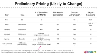 Preliminary Pricing (Likely to Change)
Tier Price
# of Searches
per Month
# of Results
per Search
Custom
List Creation
Export
Functions
Free $0 5 3 No N/A
Basic $175/month 100 50 Yes
Up to 50
rows
Premium $250/month 400 All Yes All
Unlimited $500/month
Unlimited
(single account access)
All Yes All
Agency $Variable
Unlimited
(avail to multiple accounts)
All Yes All
7-Day Unlimited
$350/week
(non-recurring)
Unlimited
(single account for one week)
All Yes All
We’re offering a very unusual feature in SaaS pricing: one-time billing for a week of unlimited use. This is because, in our research, we
found many folks only do this type of customer research once per 6 months or year. And it helps agencies with project-based billing, too.
 