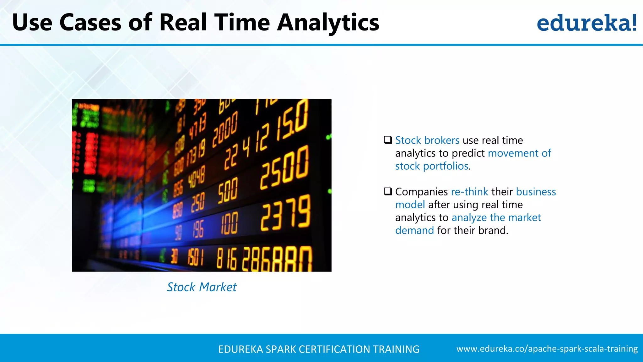 www.edureka.co/apache-spark-scala-trainingEDUREKA SPARK CERTIFICATION TRAINING Use Cases of Real Time Analytics Stock Market  Stock brokers use real time analytics to predict movement of stock portfolios.  Companies re-think their business model after using real time analytics to analyze the market demand for their brand. 