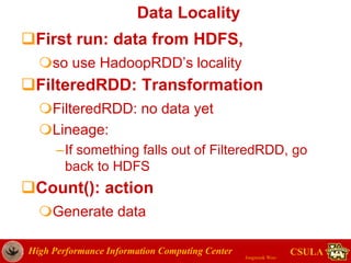 High Performance Information Computing Center
Jongwook Woo
CSULA
Data Locality
First run: data from HDFS,
so use HadoopRDD’s locality
FilteredRDD: Transformation
FilteredRDD: no data yet
Lineage:
–If something falls out of FilteredRDD, go
back to HDFS
Count(): action
Generate data
 