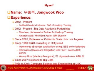 High Performance Information Computing Center
Jongwook Woo
CSULA
Myself
Name: 우종욱, Jongwook Woo
Experience:
 2012 - Present
– Certified Cloudera Instructor: R&D, Consulting, Training
 2012 - Present : Big Data Academic Parterships
– Cloudera, Hortonworks Partner for Hadoop Training
– Amazon AWS, MicroSoft Azure, IBM Bluemix
 Since 2002, Professor at California State Univ Los Angeles
 Since 1998: R&D consulting in Hollywood
– implements eBusiness applications using J2EE and middleware
– Information Search and Integration with FAST, Lucene/Solr,
Sphinx
– Warner Bros (Matrix online game), E!, citysearch.com, ARM 등
 Since 2007: Exposed to Big Data
 PhD in 2001: Computer Science and Engineering at USC
 