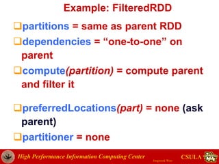 High Performance Information Computing Center
Jongwook Woo
CSULA
Example: FilteredRDD
partitions = same as parent RDD
dependencies = “one-to-one” on
parent
compute(partition) = compute parent
and filter it
preferredLocations(part) = none (ask
parent)
partitioner = none
 