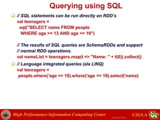 High Performance Information Computing Center
Jongwook Woo
CSULA
Querying using SQL
 // SQL statements can be run directly on RDD’s
val teenagers =
sql("SELECT name FROM people
WHERE age >= 13 AND age <= 19")
// The results of SQL queries are SchemaRDDs and support
// normal RDD operations.
val nameList = teenagers.map(t => "Name: " + t(0)).collect()
 // Language integrated queries (ala LINQ)
val teenagers =
people.where('age >= 10).where('age <= 19).select('name)
 