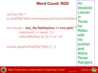 High Performance Information Computing Center
Jongwook Woo
CSULA
Word Count: RDD
val text_file =
sc.textFile(“hdfs://namenode:port/user/me/theloneranger")
var counts = text_file.flatMap(line => line.split(" "))
.map(word => (word, 1))
.reduceByKey( (a, b) => a + b)
counts.saveAsTextFile("hdfs://...")
An
idealistic
Lawyer
in
Texas
he
Rides
with
his
brother
and
fellow
Texas
Rangers
 