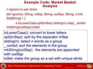 High Performance Information Computing Center
Jongwook Woo
CSULA
Example Code: Market Basket
Analysis
// ngrams to pair items
def ngram(s: String, inSep: String, outSep: String, n:Int):
Set[String] = {
s.toLowerCase.split(inSep).sliding(n).map(_.sorted.
mkString(outSep)).toSet
}toLowerCase(): convert to lower letters
split(inSep): split by the separator inSep
sliding(n): select n words as a group
_.sorted: sort the elements in the group
mkString(outSep): the elements are appended
with outSep
toSet: make the group as a set with unique elmts
 