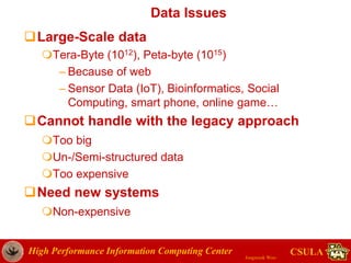 High Performance Information Computing Center
Jongwook Woo
CSULA
Data Issues
Large-Scale data
Tera-Byte (1012), Peta-byte (1015)
– Because of web
– Sensor Data (IoT), Bioinformatics, Social
Computing, smart phone, online game…
Cannot handle with the legacy approach
Too big
Un-/Semi-structured data
Too expensive
Need new systems
Non-expensive
 