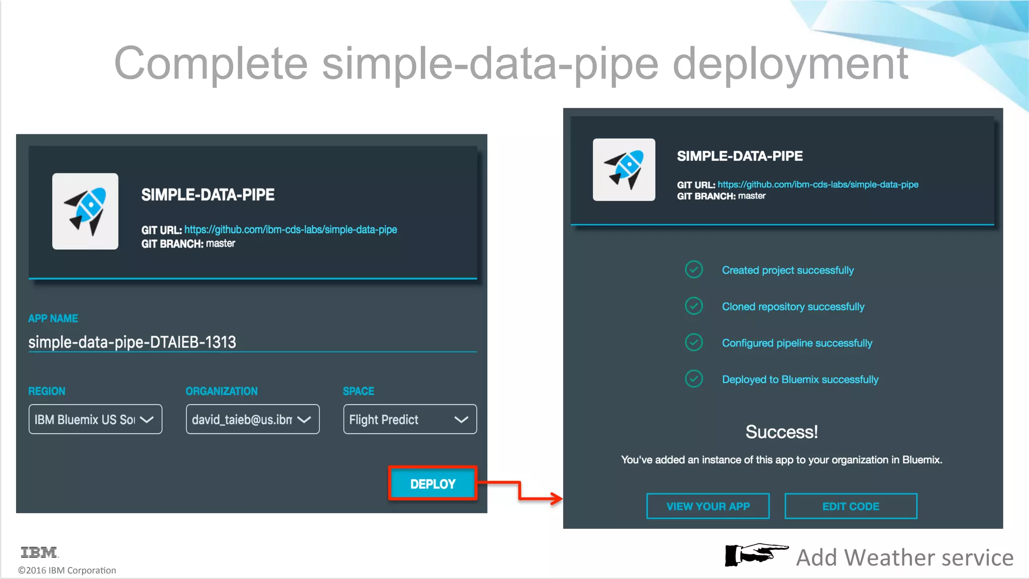 ©2016	IBM	Corpora6on Complete simple-data-pipe deployment Add	Weather	service 