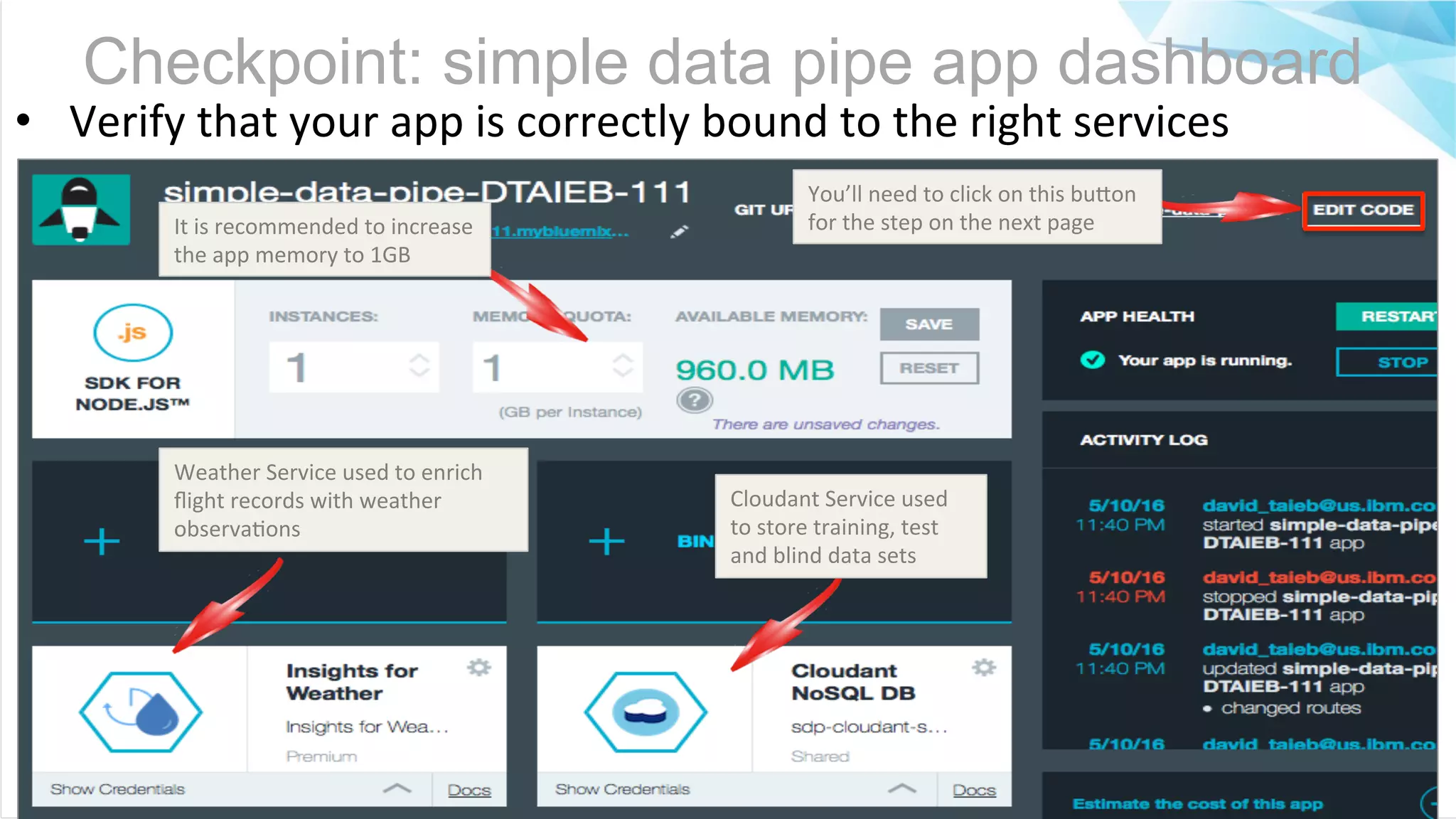 ©2016	IBM	Corpora6on Checkpoint: simple data pipe app dashboard •  Verify	that	your	app	is	correctly	bound	to	the	right	services Weather	Service	used	to	enrich ﬂight	records	with	weather observa6ons Cloudant	Service	used to	store	training,	test and	blind	data	sets You’ll	need	to	click	on	this	buMon for	the	step	on	the	next	page	It	is	recommended	to	increase the	app	memory	to	1GB 