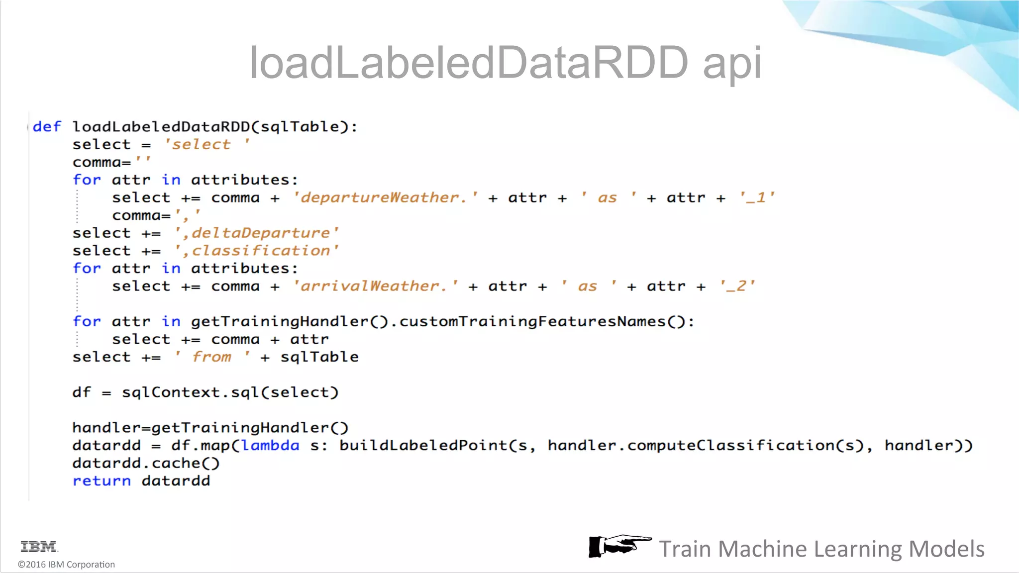 ©2016	IBM	Corpora6on loadLabeledDataRDD api Train	Machine	Learning	Models 