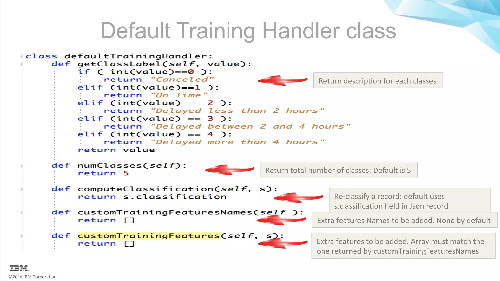©2016	IBM	Corpora6on Default Training Handler class Return	descrip6on	for	each	classes Return	total	number	of	classes:	Default	is	5 Re-classify	a	record:	default	uses s.classiﬁca6on	ﬁeld	in	Json	record Extra	features	Names	to	be	added.	None	by	default Extra	features	to	be	added.	Array	must	match	the one	returned	by	customTrainingFeaturesNames 