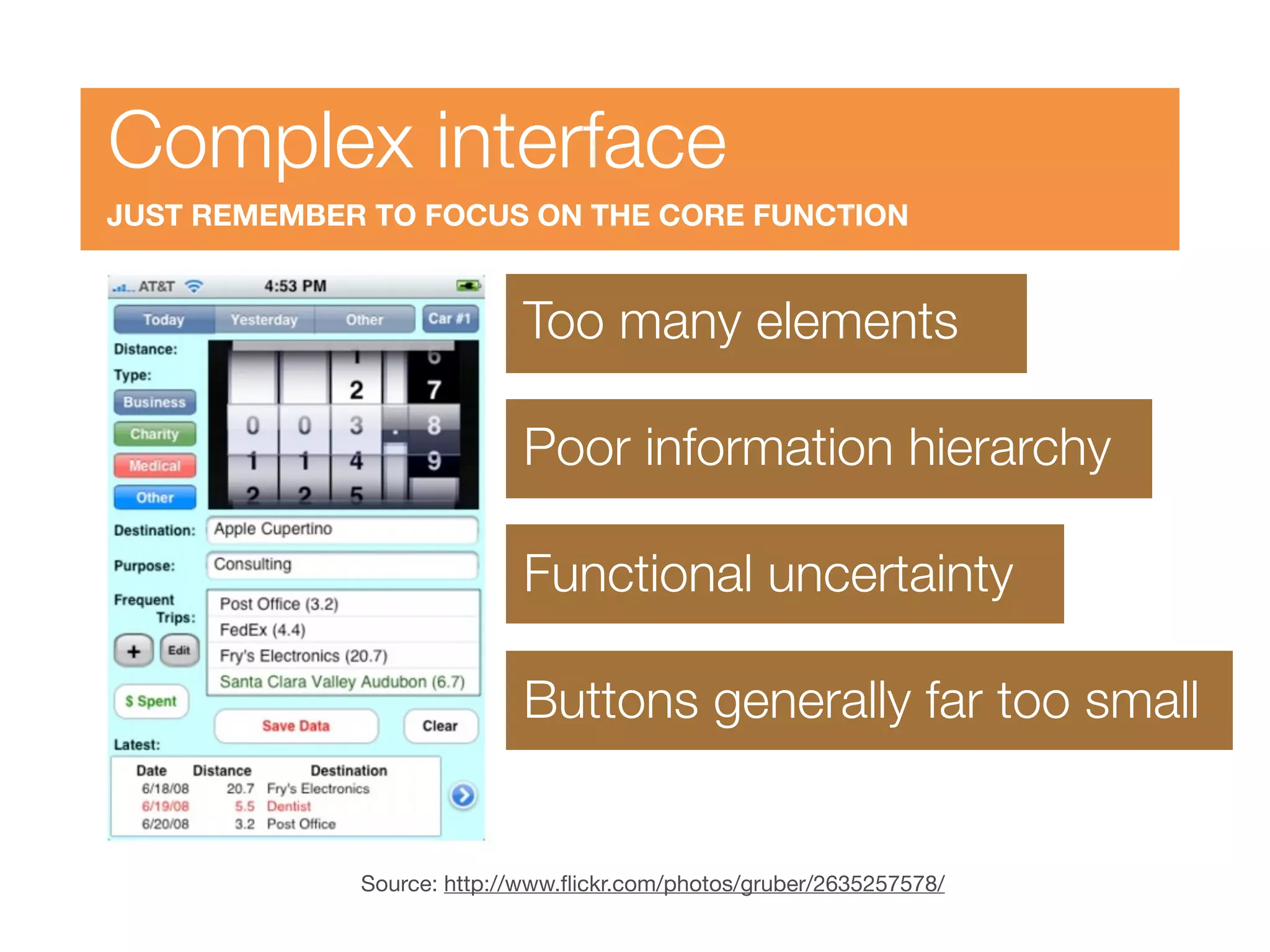 Complex interface
JUST REMEMBER TO FOCUS ON THE CORE FUNCTION


                            Too many elements

                            Poor information hierarchy

                            Functional uncertainty

                            Buttons generally far too small


             Source: http://www.ﬂickr.com/photos/gruber/2635257578/
 