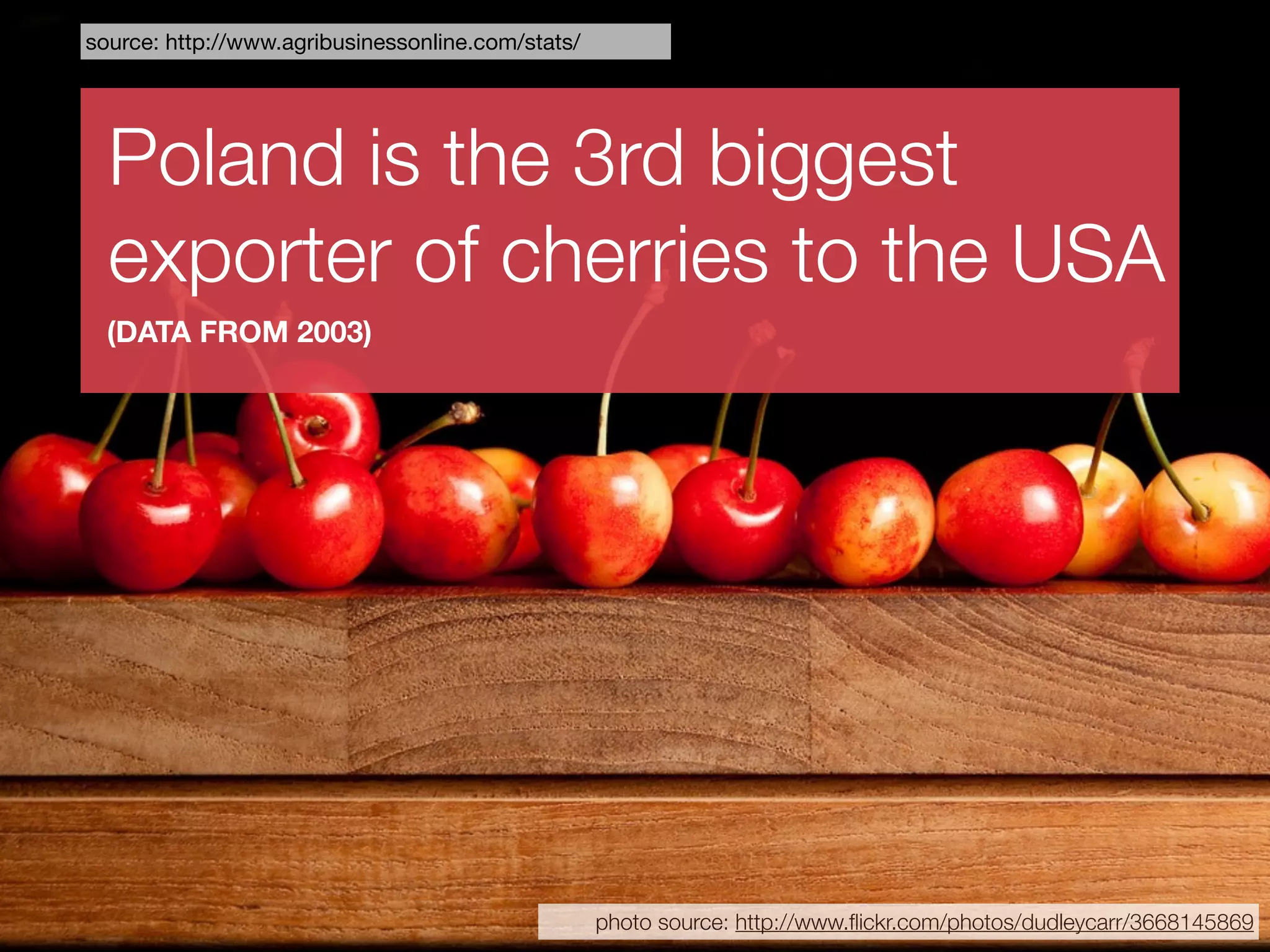 source: http://www.agribusinessonline.com/stats/




  Poland is the 3rd biggest
  exporter of cherries to the USA
  (DATA FROM 2003)




                                                   photo source: http://www.ﬂickr.com/photos/dudleycarr/3668145869
 