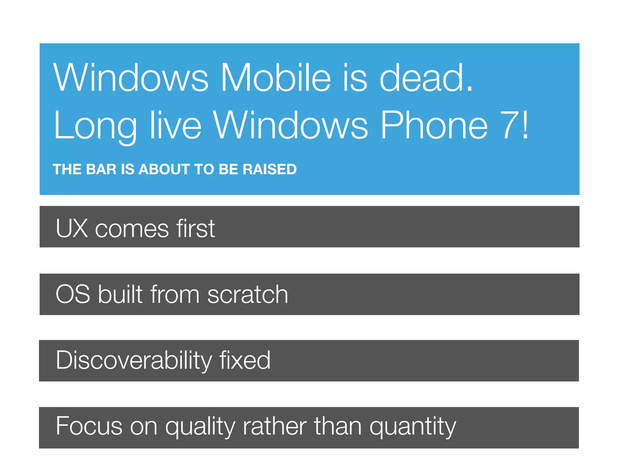 Windows Mobile is dead.
Long live Windows Phone 7!
THE BAR IS ABOUT TO BE RAISED



UX comes ﬁrst

OS built from scratch

Discoverability ﬁxed

Focus on quality rather than quantity
 