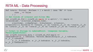 © 2014 MapR Technologies 39
RITA ML - Data Processing
def isna(s: String): Boolean = { s match { case "NA" => true
case _ => false
} }
// Get fields of interest and filter NAs
val rita08_nh_ftd = rita08_nh.map(x => x.split(',')).map(x =>
(x(arrdelay), (x(actual_elapsed_time),
x(airtime), x(depdelay), x(distance), x(taxiin),
x(taxiout)))).filter(x => !isna(x._1) && !isna(x._2._1) && !isna(x._2._2)
&& !isna(x._2._3) && !isna(x._2._4) && !isna(x._2._5) && !isna(x._2._6))
// Covert to Strings to LabeledPoint: (response variable,
Vector(predictors))
val rita08_training_data = rita08_nh_ftd.map(x =>
LabeledPoint(x._1.toDouble, Vectors.dense(Array(x._2._1.toDouble,
x._2._2.toDouble,
x._2._3.toDouble, x._2._4.toDouble, x._2._5.toDouble,
x._2._6.toDouble))))
 