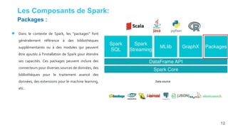 Les Composants de Spark:
● Dans le contexte de Spark, les "packages" font
généralement référence à des bibliothèques
supplémentaires ou à des modules qui peuvent
être ajoutés à l'installation de Spark pour étendre
ses capacités. Ces packages peuvent inclure des
connecteurs pour diverses sources de données, des
bibliothèques pour le traitement avancé des
données, des extensions pour le machine learning,
etc.
12
Packages :
 