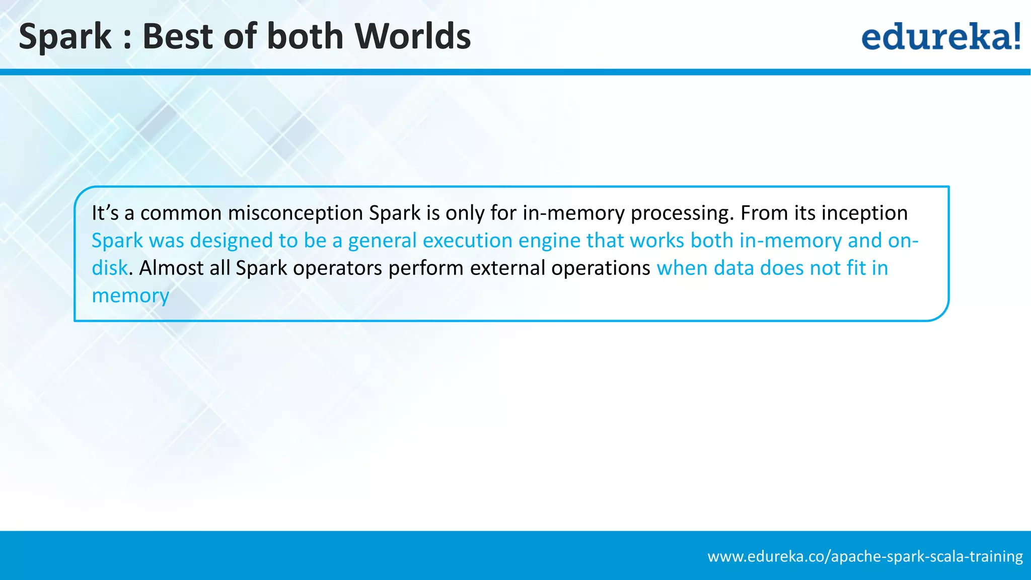 www.edureka.co/apache-spark-scala-training
Spark : Best of both Worlds
It’s a common misconception Spark is only for in-memory processing. From its inception
Spark was designed to be a general execution engine that works both in-memory and on-
disk. Almost all Spark operators perform external operations when data does not fit in
memory
 
