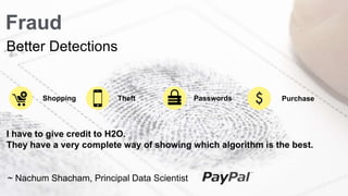 Fraud 
Better Detections 
Purchase 
Shopping Theft Passwords 
I have to give credit to H2O. 
They have a very complete way of showing which algorithm is the best. 
~ Nachum Shacham, Principal Data Scientist 
 