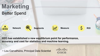 Marketing 
Better Spend 
ROI 
Network Segments Measure 
H2O has established a new equilibrium point for performance, 
accuracy and cost for statistics and machine learning. 
~ Lou Carvalheira, Principal Data Scientist 
 