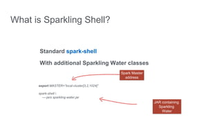 What is Sparkling Shell? 
Standard spark-shell 
With additional Sparkling Water classes 
export MASTER=“local-cluster[3,2,1024]” 
spark-shell  
—-jars sparkling-water.jar 
JAR containing 
Sparkling 
Water 
Spark Master 
address 
 