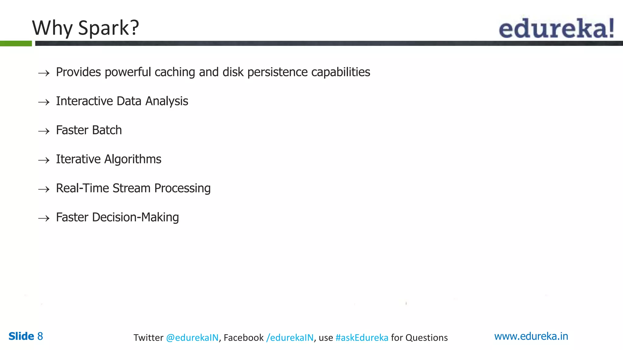 Slide 8Slide 8 www.edureka.inTwitter @edurekaIN, Facebook /edurekaIN, use #askEdureka for Questions
Why Spark?
 Provides powerful caching and disk persistence capabilities
 Interactive Data Analysis
 Faster Batch
 Iterative Algorithms
 Real-Time Stream Processing
 Faster Decision-Making
 
