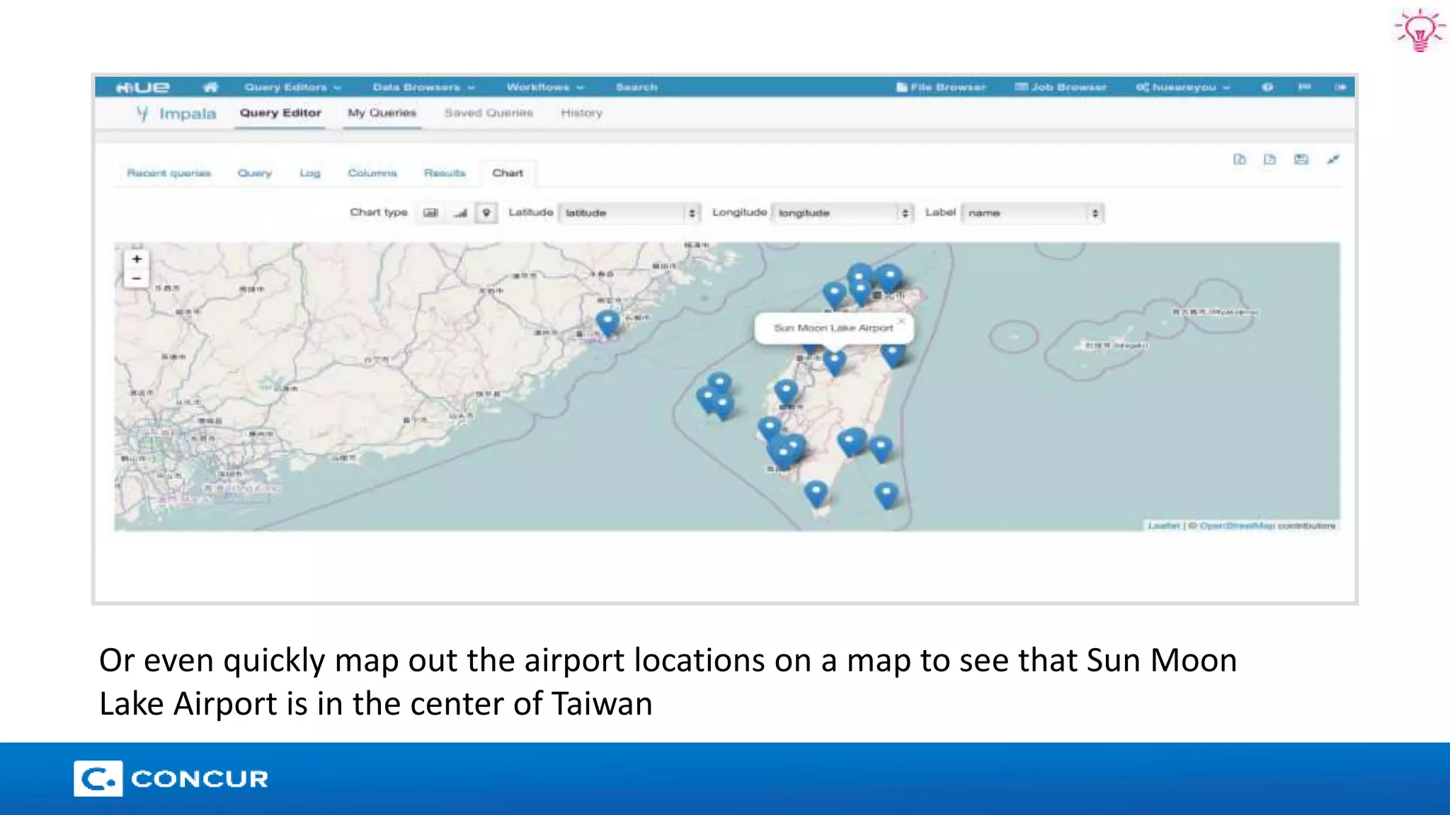 22 
Or even quickly map out the airport locations on a map to see that Sun Moon 
Lake Airport is in the center of Taiwan 
 