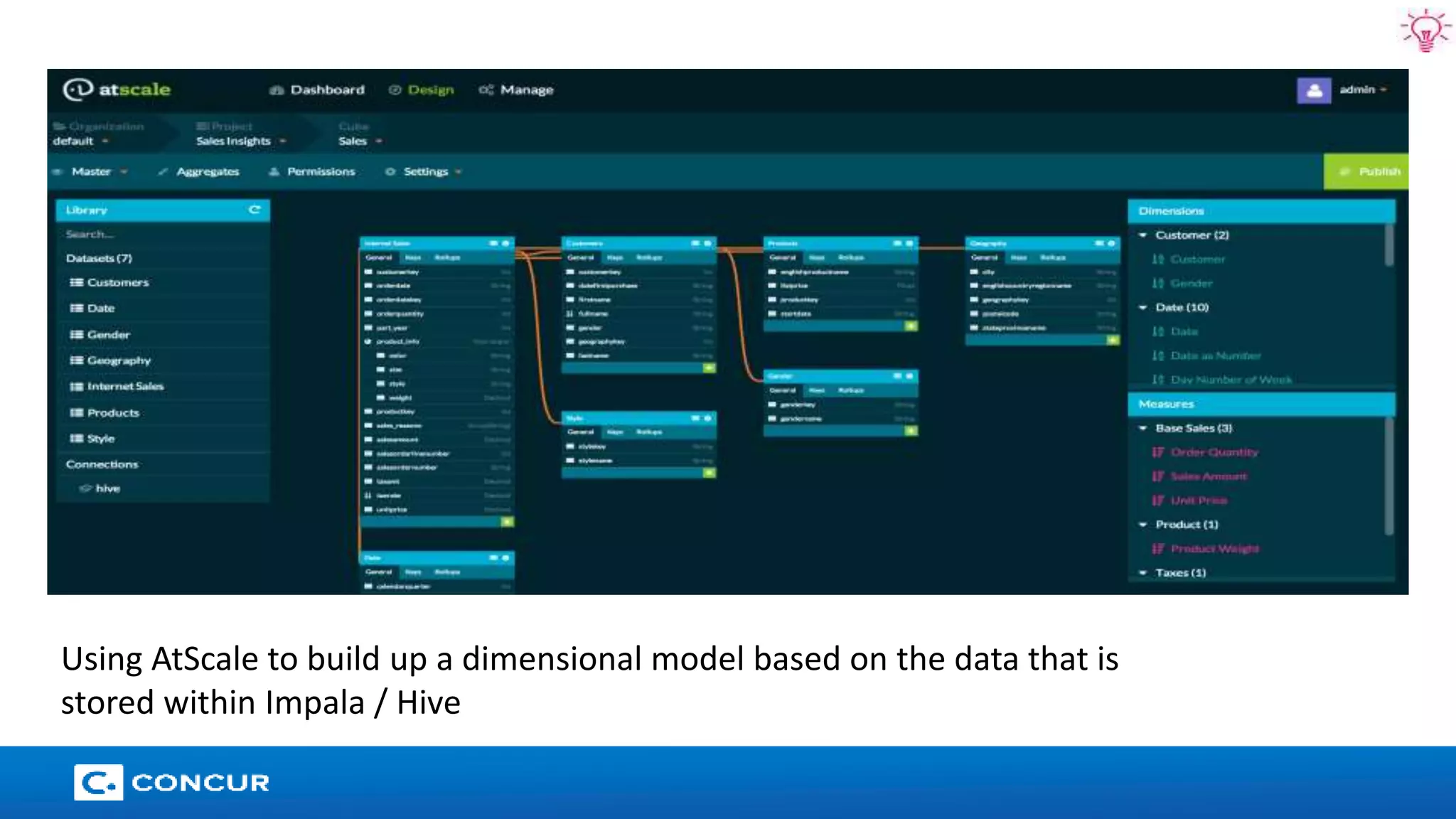 28 
Using AtScale to build up a dimensional model based on the data that is 
stored within Impala / Hive 
 