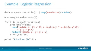 Example: Logistic Regression 
data = spark.textFile(...).map(readPoint).cache() 
w = numpy.random.rand(D) 
for i in range(iterations): 
gradient = data 
.map(lambda p: (1 / (1 + exp(-p.y * w.dot(p.x)))) 
* p.y * p.x) 
.reduce(lambda x, y: x + y) 
w -= gradient 
print “Final w: %s” % w 
6 ©2014 Cloudera, Inc. All rights reserved. 
 